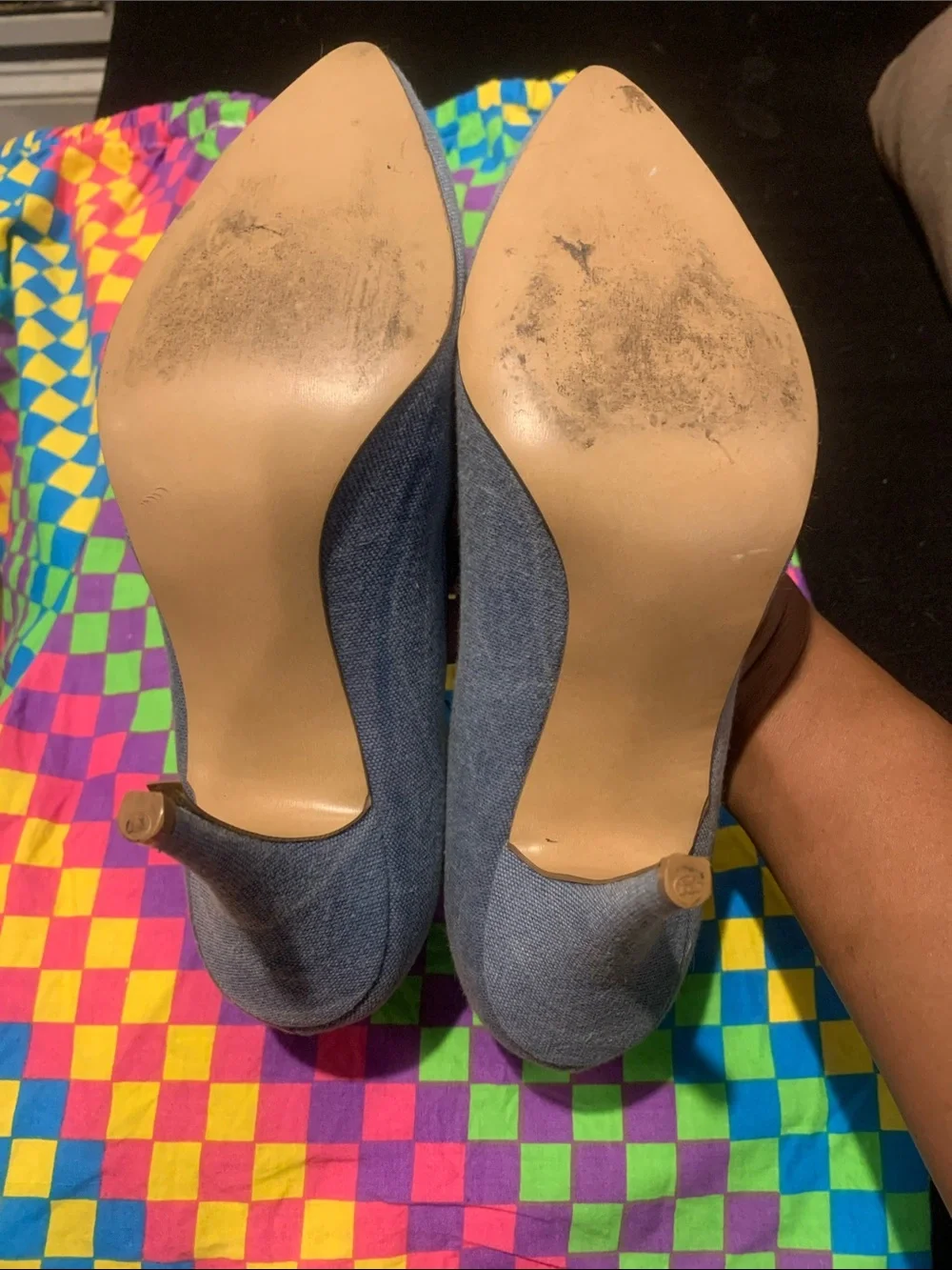 Chandlers Denim Pointed-Toe Studded Heels